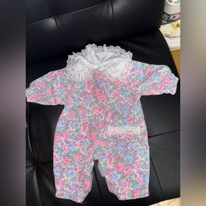 vintage Hopscotch corduroy baby romper floral print and lace collar 0-6 months